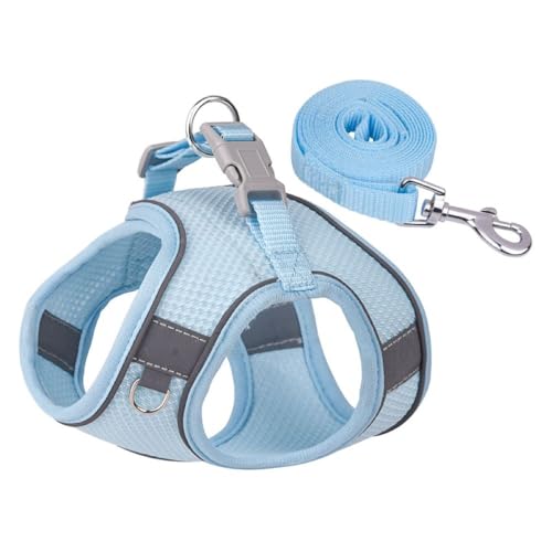 grooblue 犬 ハーネス リードセット 小型犬 中型犬 猫用 通気メッシュ 抜けない 軽量 着脱簡単 引っ張り防止 反射付き 調整可 散歩用 かわいい おしゃれ (ライトブルー S)