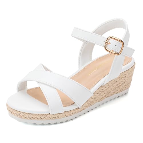Image of PANDNAINJIA Girls Sandals Wedge Platform Heels Dress Shoes | Little Big Kids Girl Cross Strap Sandal Adjustable Espadrille Flatform Lightweight Flower Wedding Party Shoes