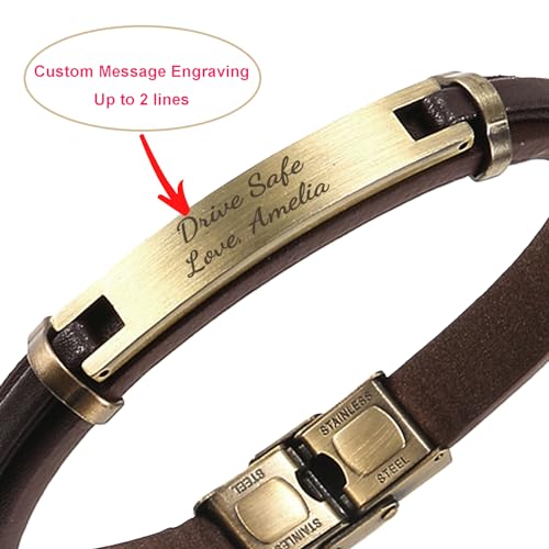 Qina C. Personalized Custom Mens Leather Bracelet Engraved Text Stainless Steel Wristband Gift f/Boyfriend Dad Husband2