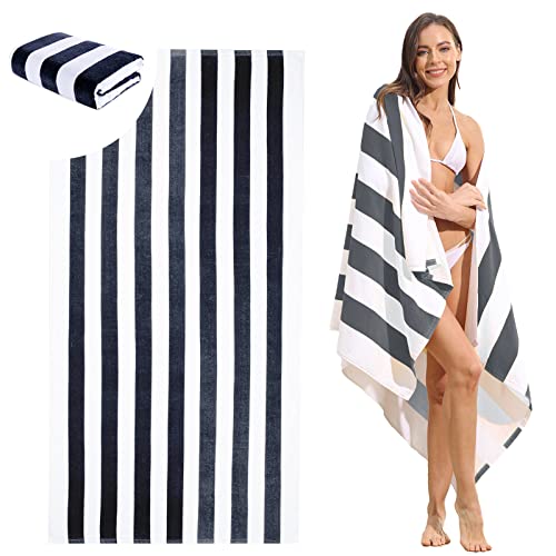 Royal Matrix Striped Large Beach Towel - 100% Cotton 30''X60'' Cabana Striped Beach Towel 1-Pack Bath Towels Super Absorbent Soft Pool Towels Swim Towels (Black, 30" X 60") #TOP4