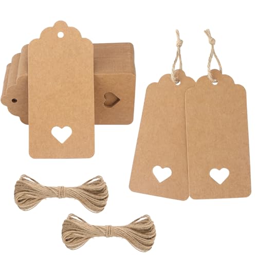 Kraft Paper Tags 100 Pcs Heart Gift Tags Craft Hang Tags with Jute Twine Brown Tags for Wedding Holiday Gifts Arts and Crafts Decoration (9.5cm x 4.5cm)