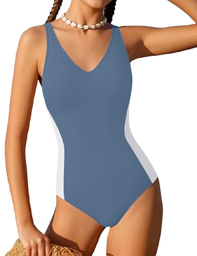 Shallmu Girls Swimsuit One Piece V-Neck Adjustable Straps Color Block Waistline Bathing Suit Swimwear 11-18Y