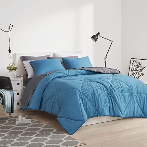 Image of Comfort Spaces Vince Reversible Bed In A Bag - Trendy Casual Geometric Quilted Cover, All Season Down Alternative Cozy Bedding, Matching Sham, King, Reversible Teal /Charcoal 9 Piece
