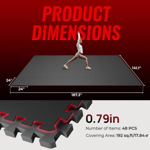 Image of SUPERJARE 0.79'' Extra-Thick Exercise Equipment Mats, 48 Pcs 192 Sq Ft Rubber Top Floor Tiles with High Density EVA Foam, Interlocking Gym Flooring for Home Gym, Workout Mat, Black