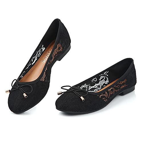 MUSSHOE Ballet Flats for Women Floral Breathable Crochet Lace Ballet Shoes Comfortable Slip On Women's Flats,Black 9