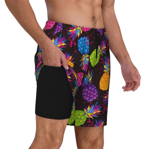 Colorful Pineapple Black Funny Men's Swim Trunks Board Shorts Quick Dry-3