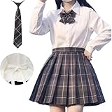 [GAIKUP] 制服 コスプレ 女子高生 ウエストリボン付き 可愛い 高校制服 チェックスカート 上下セット レディース JKスカート 長袖 白いシャツ リボン スクールスカート4 点セット
