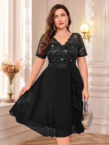 MISSMAY Women's Plus Size Sequins Lace Contrast Chiffon V Neck Flowy Cocktail Party Prom Midi Dress4