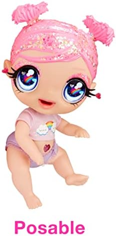 MGA'S Glitter Babyz - DREAMIA STARDUST - Baby Doll with 3 Magical Colour Changes with Ice-Cold Water, Glitter Pink Hair, Rainbow Outfit, Diaper, Bottle & Pacifier Accessories - For Kids Ages 3+