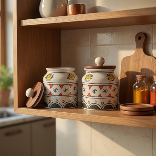 Image of Ceramic Jar & Container for Kitchen Storage Set | Multi Utility Air Tight Kitchen Organizer Items | Tea Coffee Sugar Containers with Wooden Lids (Hand-Painted, 450 ML, Pack of 2)