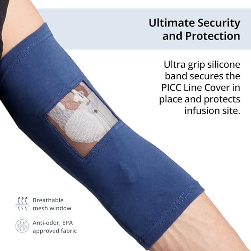 Image of Care+Wear - Long PICC Line Cover (Medium, Navy) - for Patients with PICC Lines - Upper or Lower Arm Coverage - Enhanced PICC Line Security - Comfortable Daily Wear, Convenient Mesh Window