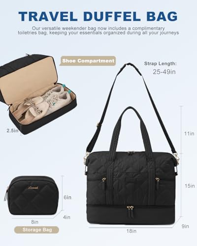 LOVEVOOK Travel Duffle Bag, Lightweight Weekender Bags for Women with Shoe Compartment, Puffer Gym Bag Personal Item Travel Bag, Quilted Overnight Bags and Hospital Bag for Labor and Delivery, Black2