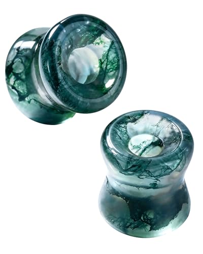 Jewseen 2g-5/8 Moss Agate Ear Gauges Plugs Real Natural Stone Double Flared Ear Tunnels Stretchers Gauges for Women Men Plugs Piercing Jewelry 00g