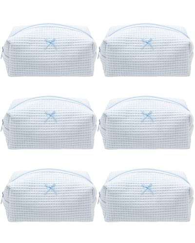 PAZIMIIK 6PCS Cozy Makeup Bag Travel Cosmetic Bag for Women Soft Toiletry Bag Aesthetic Makeup Organizer Portable Large Zipper Pouch for Skincare Beauty Accessories Brushes Waffle Check Blue