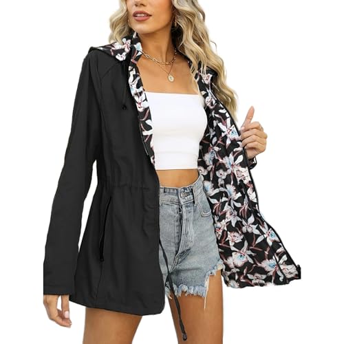 Reversible Rain Jacket Women Lightweight Waterproof Outdoor Raincoat Floral Print Hooded Casual Windbreaker Outerwear