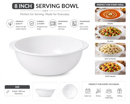 Image of Melvio By Malti 1 Pc Serving Bowl for Dining & Serving | Premium Melamine Bowl with Elegant Floral Design | Microwave & Dishwasher Safe Bowl for Curry, Dal, Vegetables, Snacks & Salads | White, 8 Inch