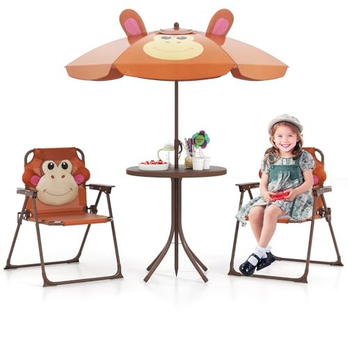 DREAMADE Kindersitzgruppe mit Sonnenschirm, Kindertisch mit 2 Klappstühlen, Kinder Picknicktisch mit höhenverstellbarem Schirm & niedlichem Muster, Kinder Gartenmöbel für Indoor & Outdoor (Braun)