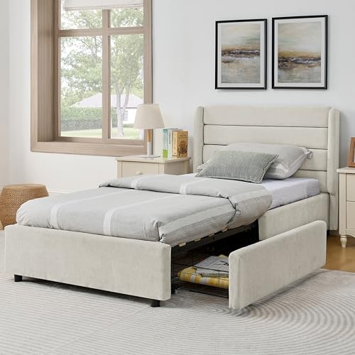 A ALFRESCOOL Cama individual de 90 x 200 cm, cama juvenil, superficie de chenilla, con 2 cajones de gran volumen, para estudio (como cama supletoria) y habitación de invitados, sin colchón (beige)