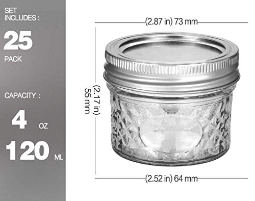 VERONES Mini Mason Jars, Mason Jars 4 oz With Regular Lids, Ideal for Jam, Honey, Wedding Favors, Shower Favors, DIY Spice Jars, 25 PACK, Extra 20 Lids