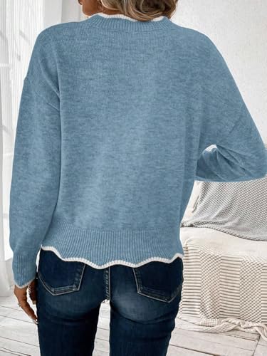 OCSTRADE Women's V-Neck Sweater, Long Sleeve Knit Pullover with Scallop Trim, Loose Fit3