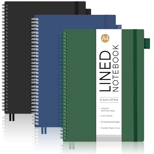 Carnets A4 lignés à spirales pack de 3 cahiers 110 pages couverture PVC noir vert bleu