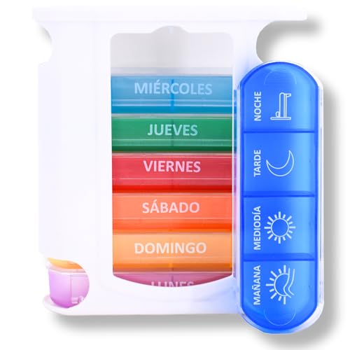 MEDIPILL   Tower Dose Pastillero Semanal Español | Organización Semanal de Medicamentos | 7 días | 4 Momentos de Toma al Día | 28 Compartimentos | Libre BPA | Una pieza | Arcoíris | MED S28T A E