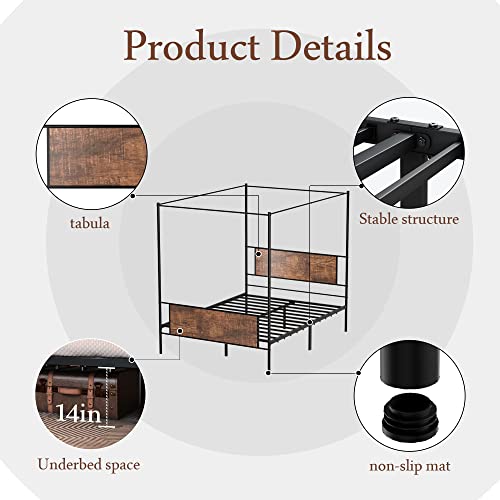 Samtra Metal Canopy Bed Frame Queen With Four Poster Design And Wooden Headboard And Footboard, Underbed Storage Space, Black #TOP4