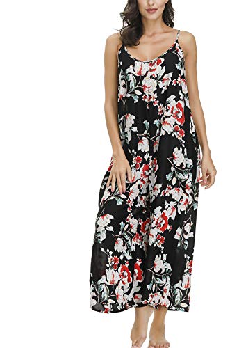 Image of BUENOS NINOS Women's V Neck Floral Maxi Dress Boho Printed Adjustable Spaghetti Strap Ethnic Beach Long Dress with Pockets