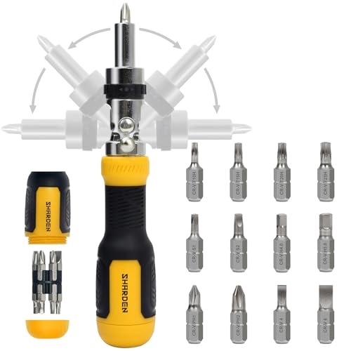 Sharden SD014-YELLOW Ratcheting Screwdriver Multi Bit Screw Driver 13-In-1 Tool Ratchet Screwdriver Set Flat Head/Square/Torx/Hex/Phillips Screwdriver cover