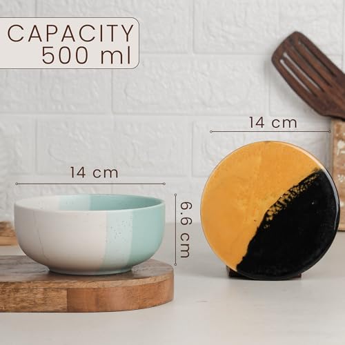 Image of The Earth Store TT Green Matte Ceramic Bowl Serving Set - 3 Bowls (500ml Each) with Wooden Tray, 3 Spoons & 3 Multipurpose Lids /Coaster - for Snacks, Curries, Desserts & Fruits | Diwali Gift