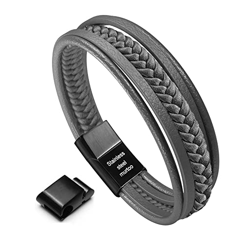 murtoo Herren Armband Edelstahl Echtleder Armband Naturstein Geflochten Mit Magnet Verschluss (22.5cm, dunkelgrau)