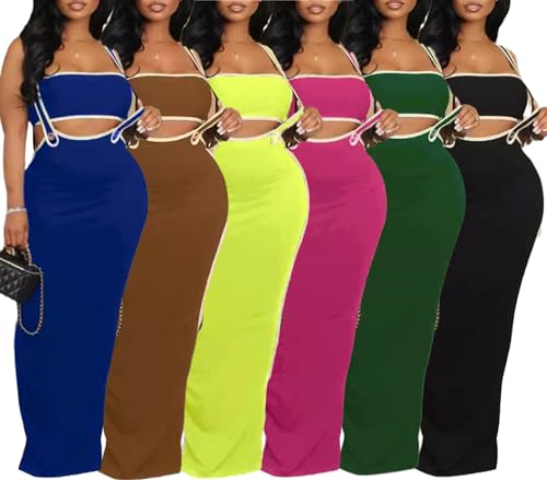 Women Summer Sexy 2 Piece Set Club Party Outfit Sleeveless Tube Top Skirt Bodycon Maxi Dress4