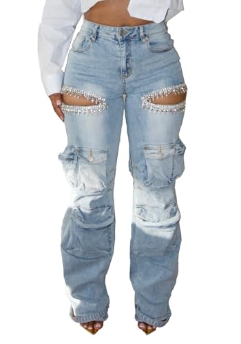 Women Rhinestone Jeans Sexy Sparkly High Waisted Baggy Cut Out Ripped Distressed Stretchy Denim Pants Trend Cargo Jean