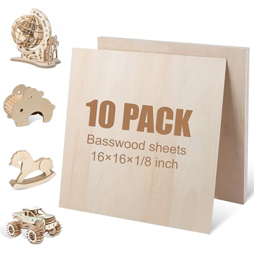 10 Pack 16x16x1/8 Inch Basswood Sheets, Large Size Basswood for Laser Cutting & Engraving, Plywood Wood Board Unfinished Wood Sheets for Crafts, DIY Architectural Models, Wood Burning and Painting.