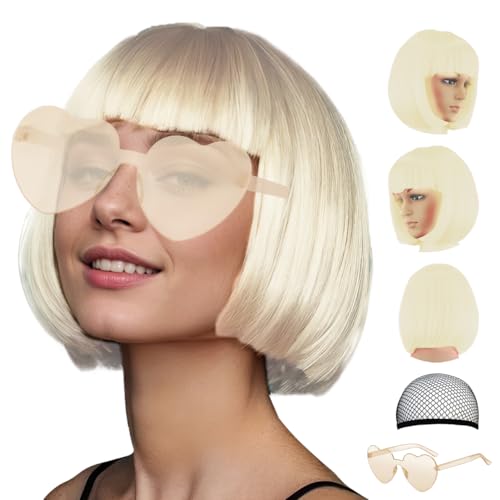 Image of LIULIUBTY Short Bob Hair Wigs Straight with Flat Bangs Synthetic Colorful Cosplay Daily Party Neon Wig for Women + Free Wig Cap 12 inch Natural As Real (Light Blond)