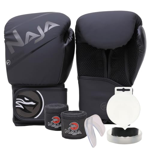 Kit Boxe/Muay Thai Naja Extreme - Par de Luva + Bandagem 3M + Protetor Bucal (Preto/Preto, 14 OZ)