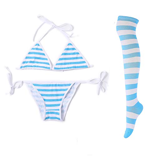 Sexy Lingerie Set Blue Stripe Bikini for Women with Blue White Striped Thigh High Socks, Japanese Anime Cosplay Lingerie Kawaii Bra and Panty Set, Medium