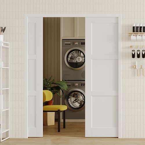 Image of Sliding Pocket Door, 60in.(Double 30 in.) x 80 in, 3-Panel Core with Frame and Hardware Kit Set, Interior Doors for Pocket Door, White Primed - No Panel Assembly Required