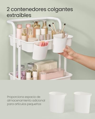 Miniatura 7 de Songmics Carro Rodante, Caritro De Almacenamiento De 4 Niveles, Con Mango, 2 Organizadores Pequeños, Marco De Acero, Cestas De Plástico, Para Dormitorio, Lavadero Baño, Blanco Bsc077wz01