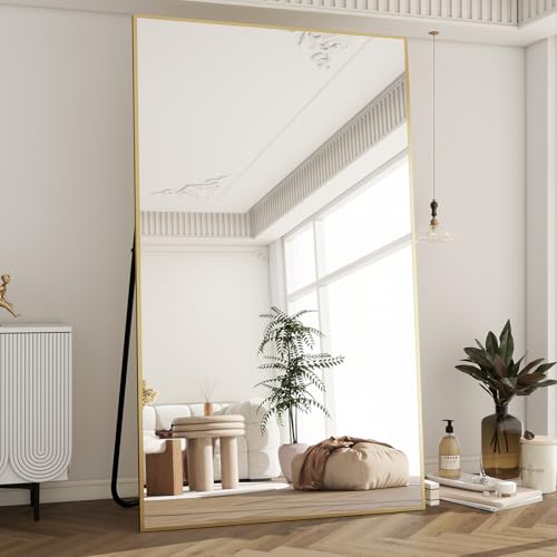 Image of BEAUTYPEAK 77 inchx38 inch Rectangle Full Body Floor Mirrors, Full Length Mirror Hanging or Leaning, Aluminum Alloy Frame Wall Mirror for Bedroom, Dressing Room, Gold