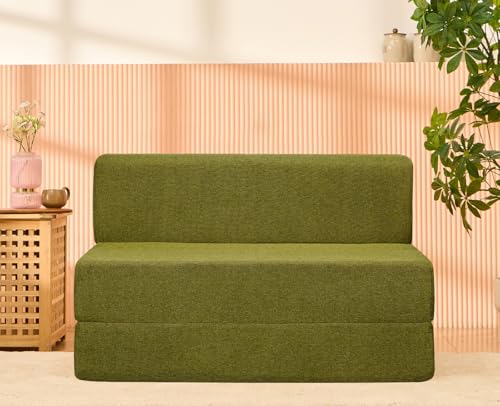Image of uberlyfe Basics 2 Seater Sofa Cum Bed | Jute Fabric Washable Cover | Olive Green | 4' X 6' Feet