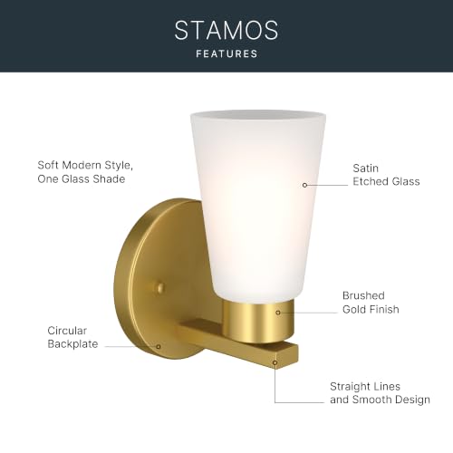 Image of Kichler Stamos 8 inch 1-Light Soft Modern Wall Sconce with Satin Etched Glass in Brushed Gold, (8 inch H x 5 inch W), 52437BG