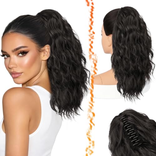 BARSDAR Claw Clip Black Brown Curly Ponytail Extensions 18 Inch Synthetic