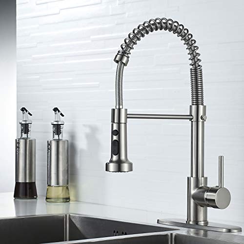 Roddex Kitchen Faucet Stainless Steel Solid Brass Single Handle Single Hole Sink Faucets With Pause Button, 3 Hole Cover Deck Plate Pull Out Pullout Sprayer, Silver & Brushed Nickel … #TOP3