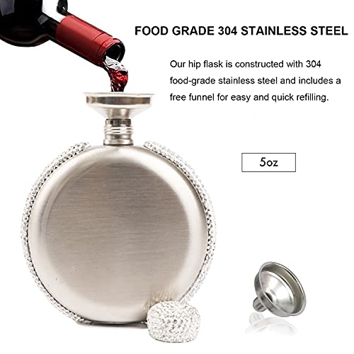 Intor Hip Liquor Flask For Women, Leakproof Wine Flasks 304 Stainless Steel Rhinestone Portable Flask With Funnel, Women Girls Bling Gift(Silver/5Oz) #TOP5