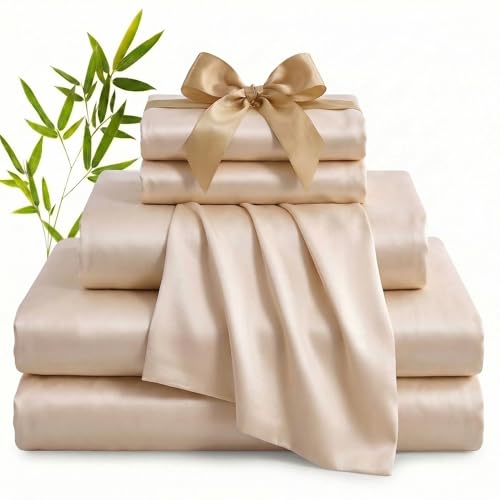 YIYEA 100% Viscose Derived from Bamboo Sheets, 600 Thread Count Cooling Bed Sheet Set for Hot Sleepers, Silky Soft, Breathable, 16" Deep Pocket, 4PC, Queen, Beige