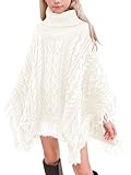 Meikulo Girls Turtleneck Sweaters Kids Fashion Cable Knit Poncho Tassel Cloak Cape Pullover Clothes 5-14 Years White
