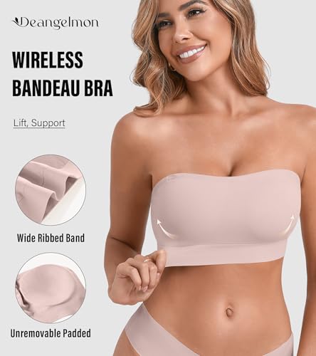 Image of DEANGELMON Strapless Bras for Women Wireless Push Up Non-Slip Bandeau Bra Seamless Clear Straps TubeTop Padded Bralette