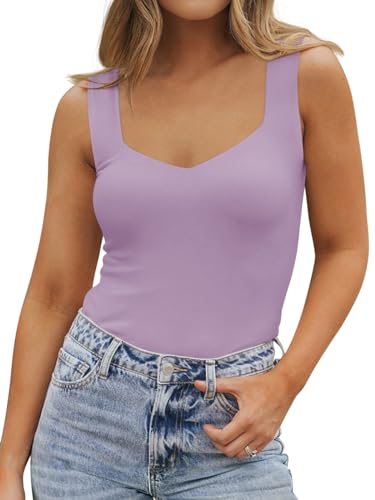 PINKMSTYLE Womens Basic Fitted V Neck Tank Tops Double Lined Summer Tops Cute Sleeveless Shirts Violet Large — view 2