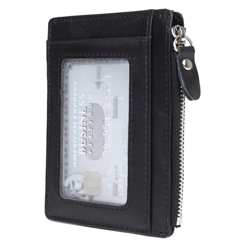 Shoebill Slim Minimalist Leather Wallet – Zipper Card Holder with ID Window, Compact Front Pocket Wallet for Men & Women (Black)